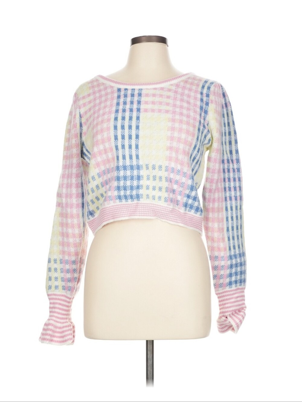 Sincerely Ours Pastel Checkered Gingham Crop Sweater Large Multicolor Plaid L